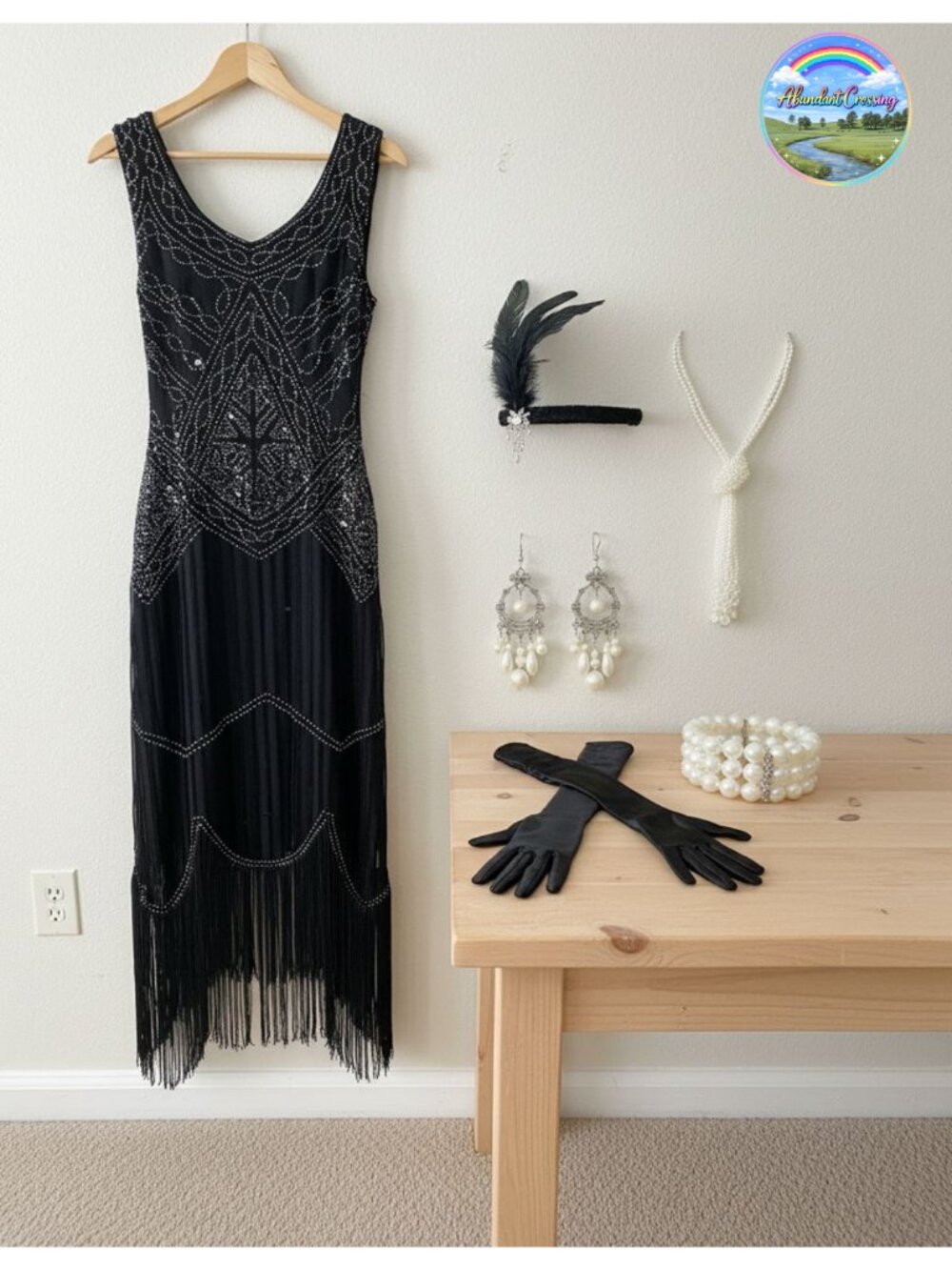 1920s Sequin Fringed Flapper Dress Set with 20s Accessories Paisley